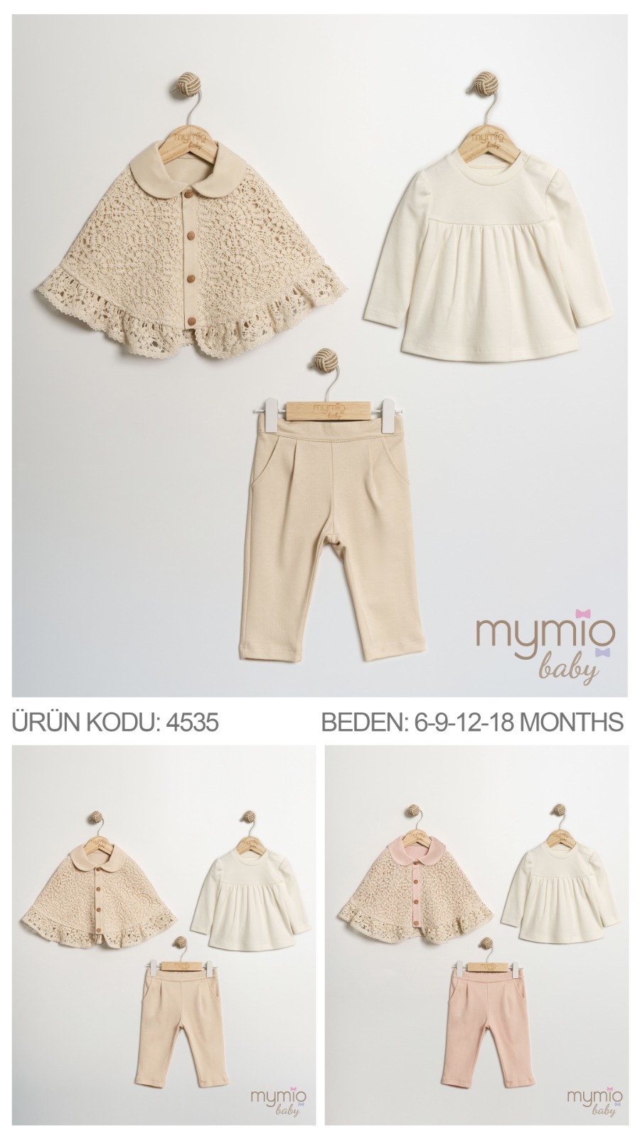 MYMİO-4535 DANTEL KIZ PELERİNLİ TAKIM BEJ 4 LÜ